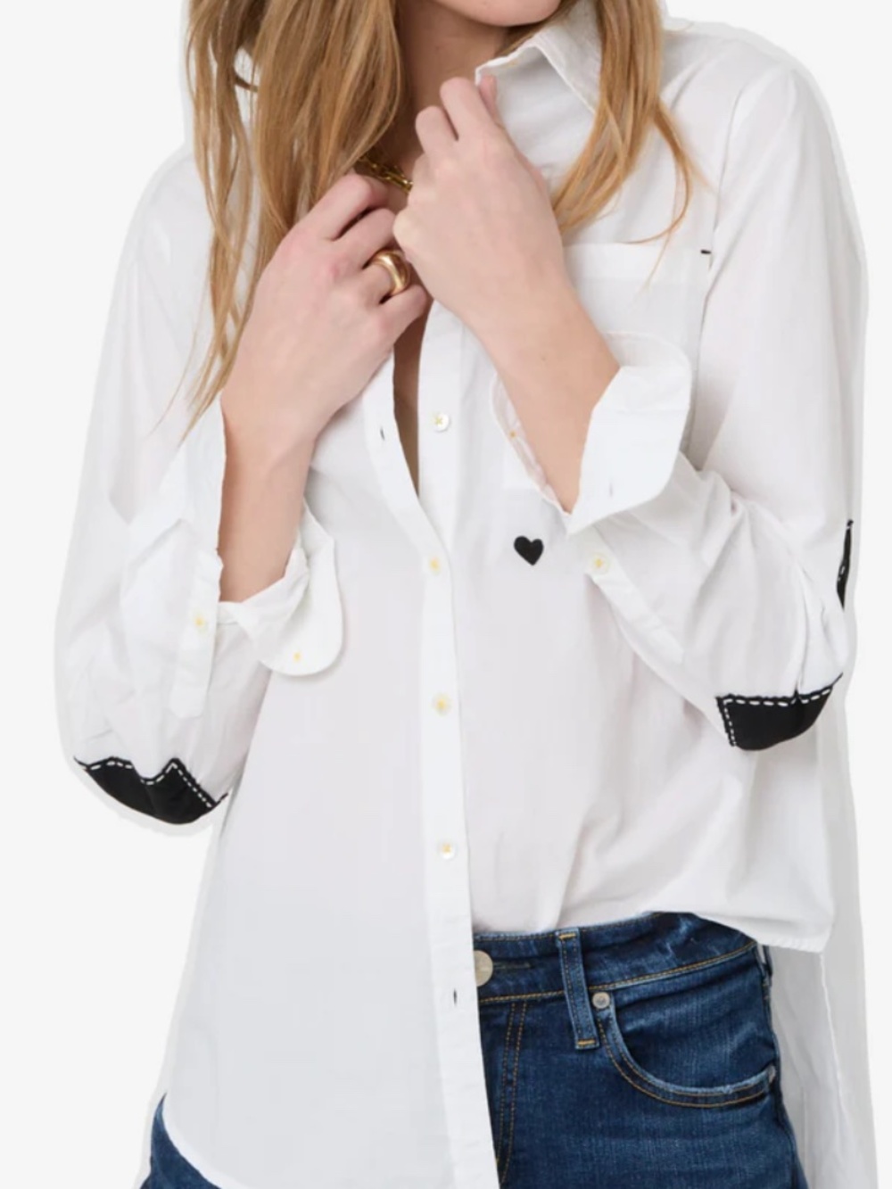 Kerri Rosenthal Mia White Shirt Button-Front Blouse Black Heart Elbow Patches XL